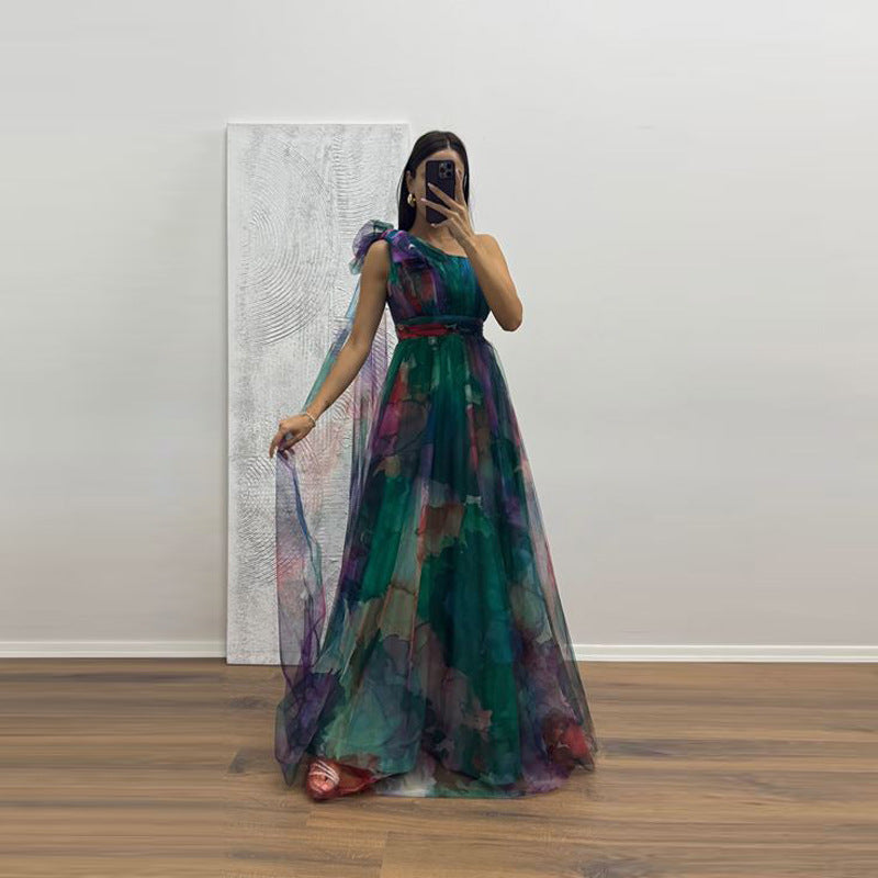 Women's Festive Maxi Dress with Sheer Chiffon Overlays and Delicate Ruffle Design
