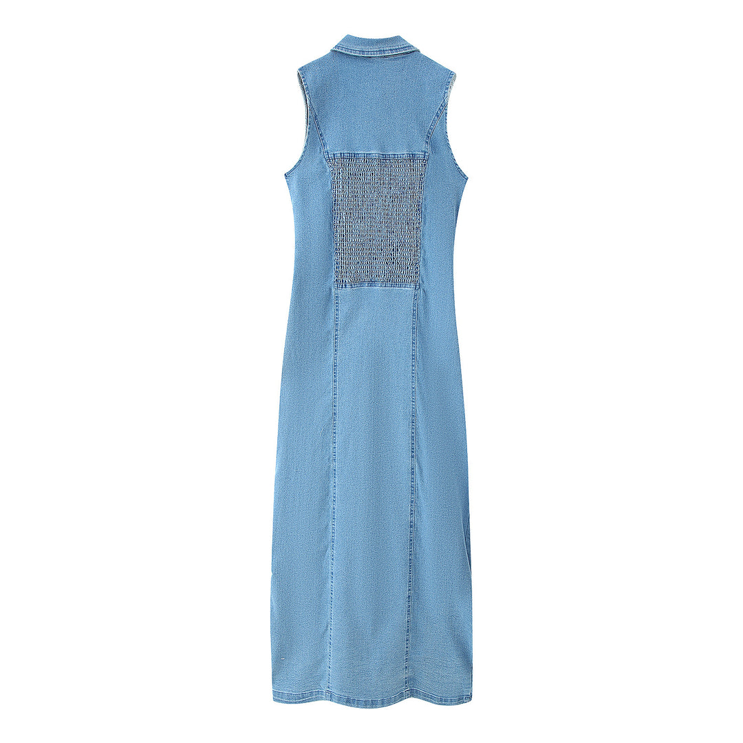 Maxi denim dress for women with button placket and high collar Lune London