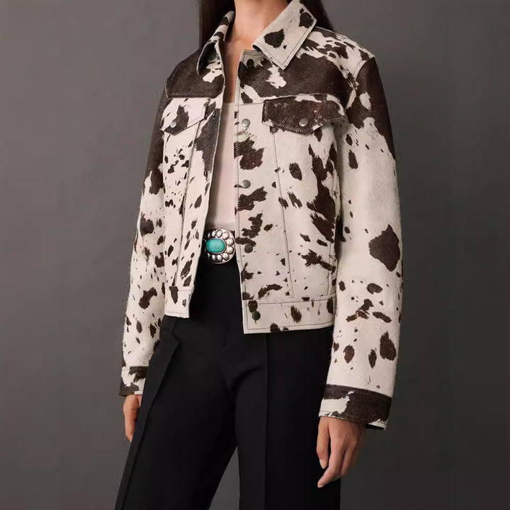 Casual women's denim jacket with cow print and structured accents Lune London