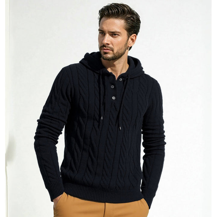 Men's stylish knitted sweater with hood and button details Lune London
