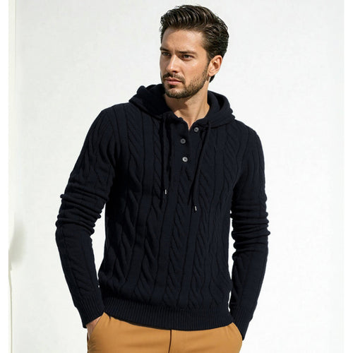 Men's stylish knitted sweater with hood and button details Lune London