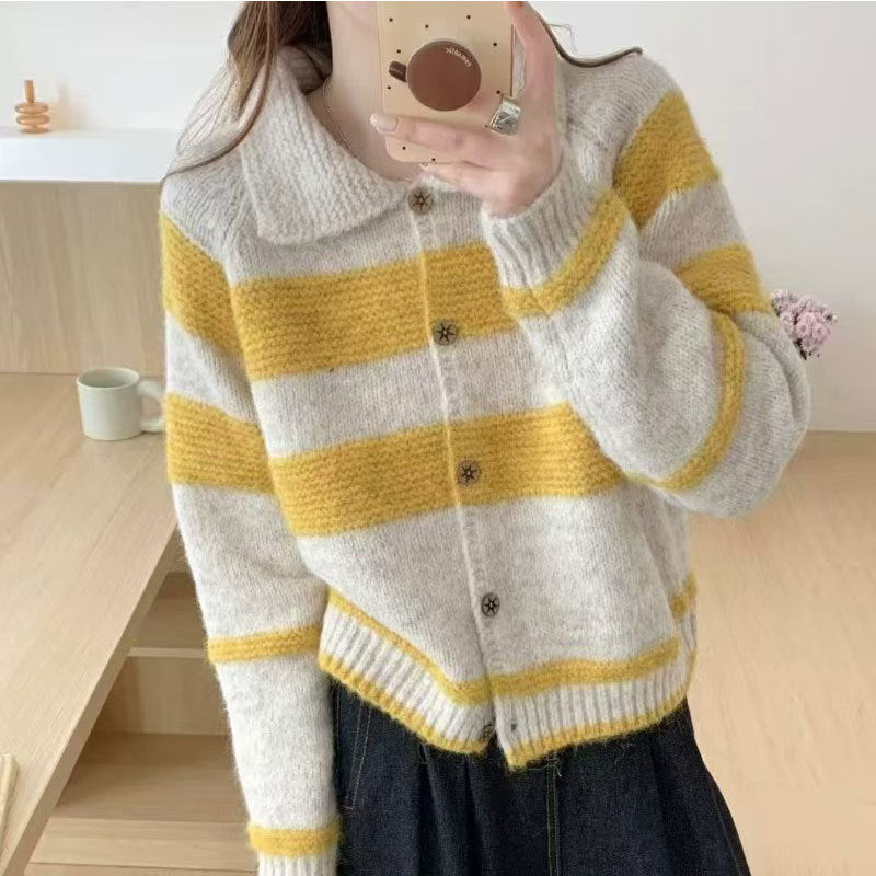 Knitted jacket for women with decorative collar and trendy stripes Lune London