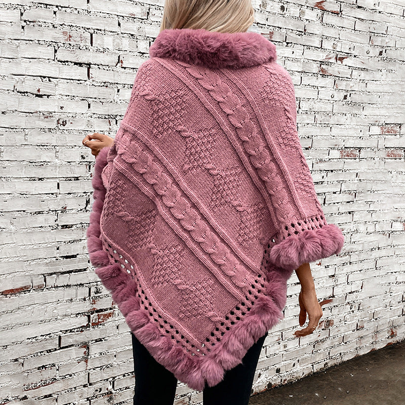 Ladies cozy knit poncho with plush velvet trim Lune London