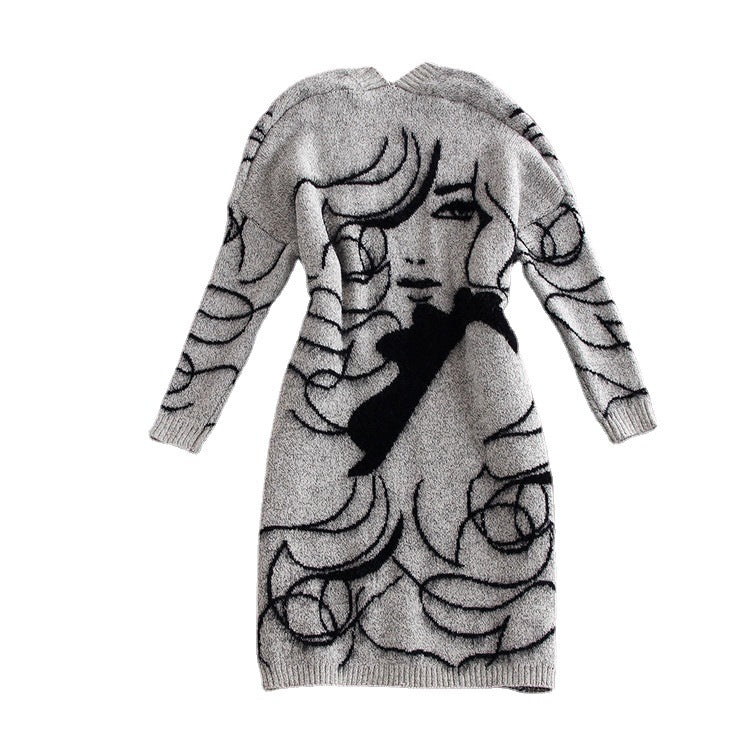 Women's knit dress with artistic graphic design and an elegant V-neck Chic and Style