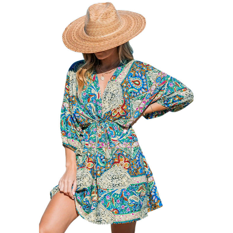 Women’s beach dress with a draped look and a trendy pattern Lune London