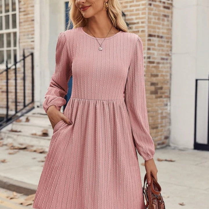 Lune London Women's Ribbed Knit A-line Dress with Puff Sleeves