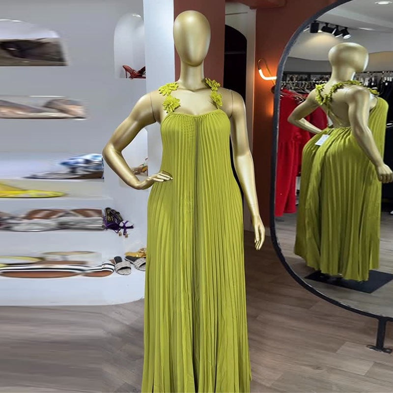 Women Elegant Maxi Dress with Casual Pleats and Decorative Shoulder Flowers Lune London