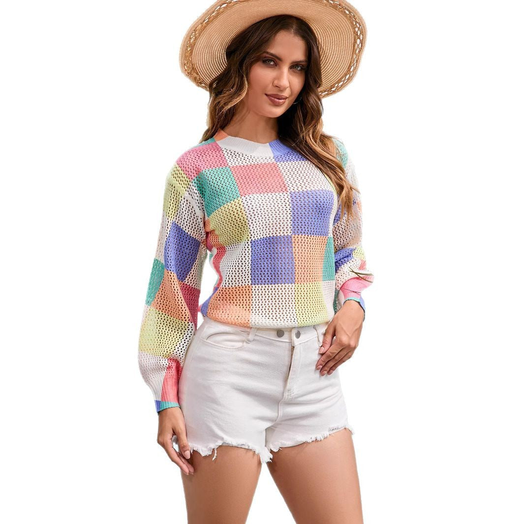 Casual knit sweater for women with colorful check pattern Lune London