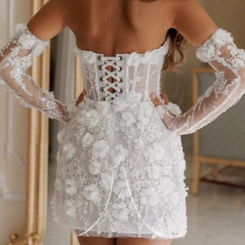 Women's wedding dress with seductive floral design and transparent sleeves Lune London