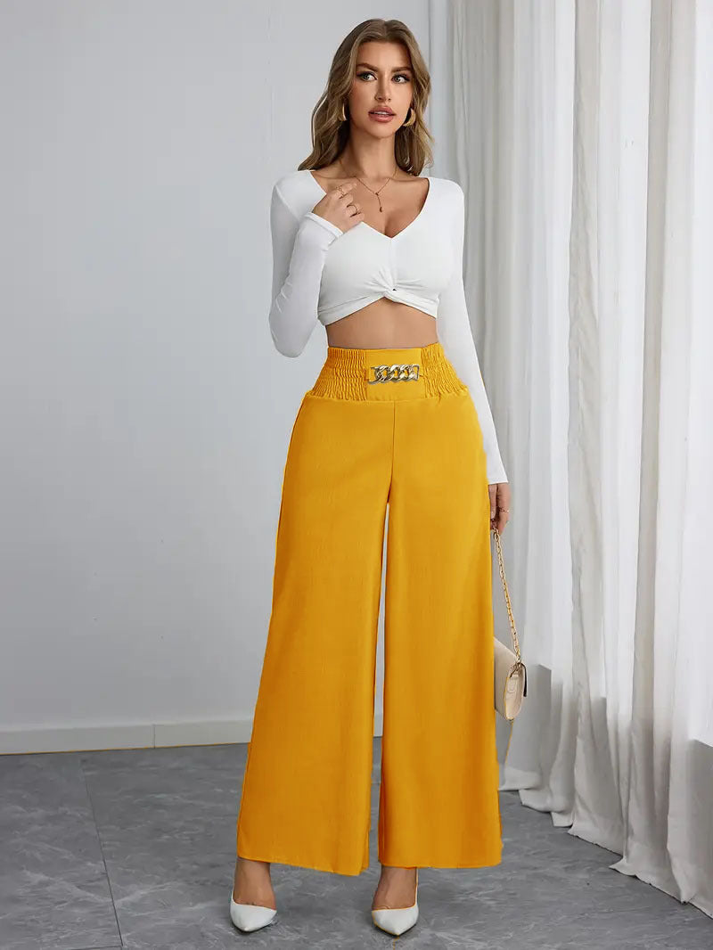 Wide palazzo trousers for women with elastic waistband and decorative belt Lune London