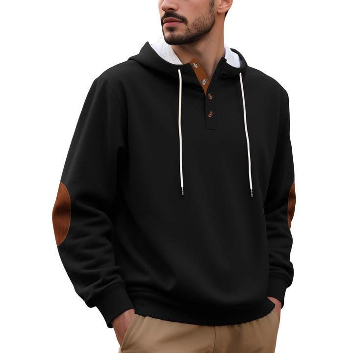 Hooded man with modern design of button placket and elbow patches Lune London