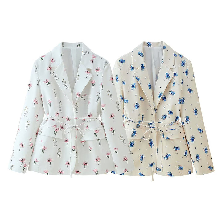 Veste blazer féminine à la mode avec design floral et ceinture ajustable Lune London