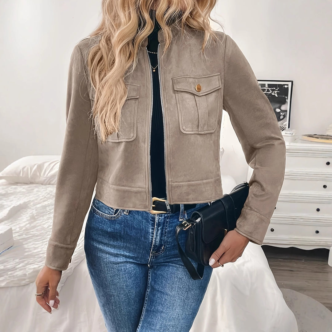 Ladies Short Fashion Jacket in Soft Suede Look with Practical Pockets Lune London