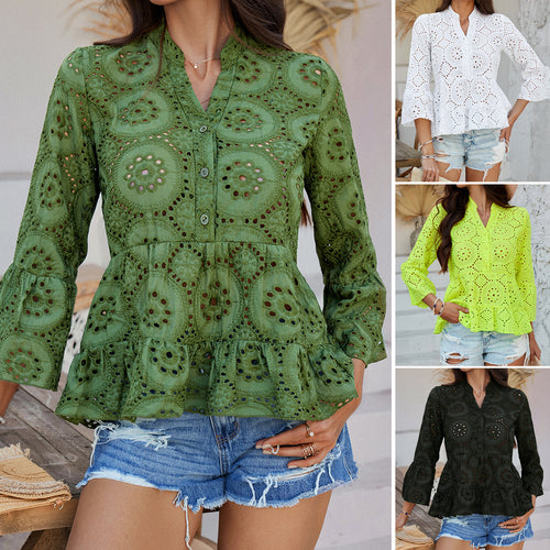 Lace blouse for women with ruffle trim and button placket Lune London