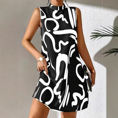 Mini A-line dress for women with modern graphic pattern and high collar Lune London