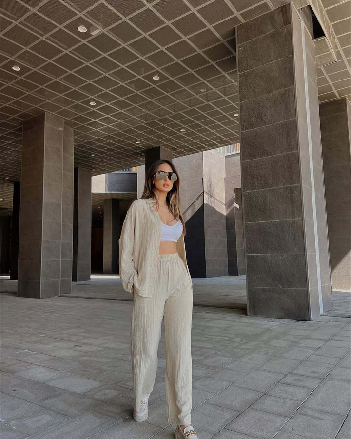 Lune London two-piece casual outfit for women with continuous button placket and wide legs
