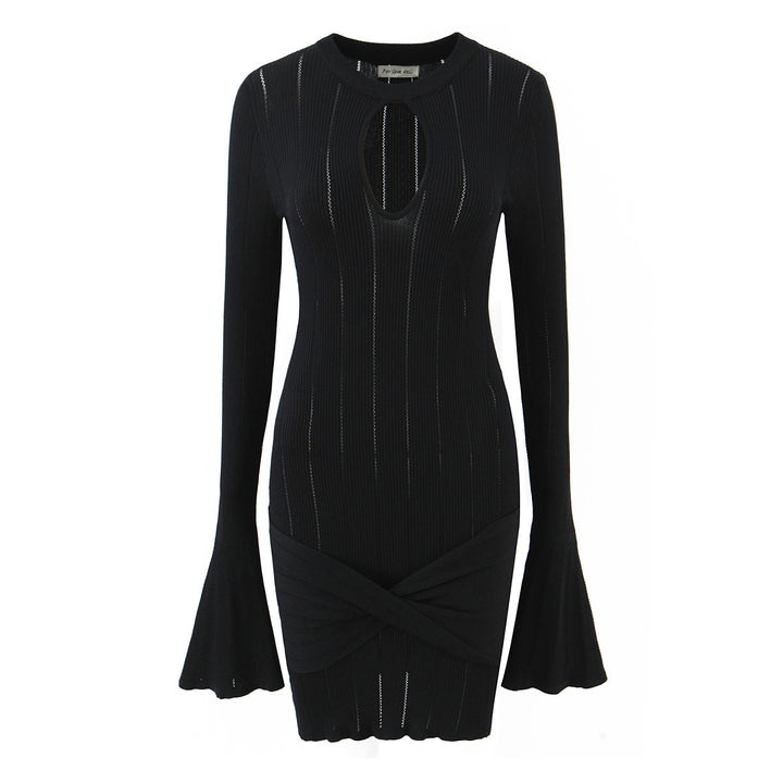 Fitted knitted dress for ladies with an original neckline and a chic ruffle.