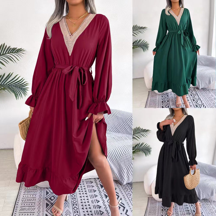 Ladies Elegant V-neck Maxi Dress with Ruffled Hem Lune London