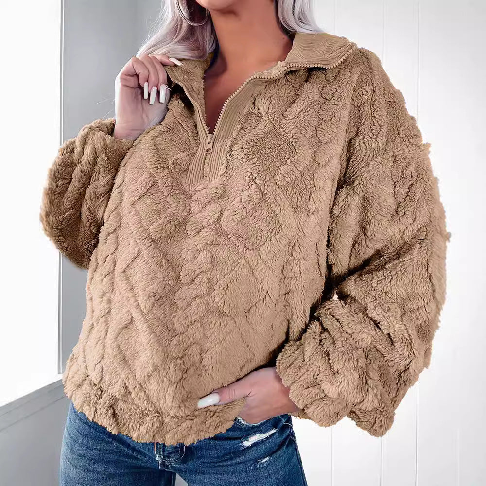 Cozy fleece sweater for women with half-zip and puff sleeves Lune London