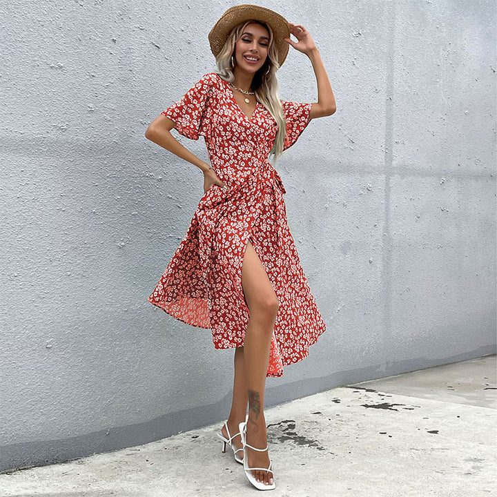 Floral print wrap dress for women with high slit Lune London