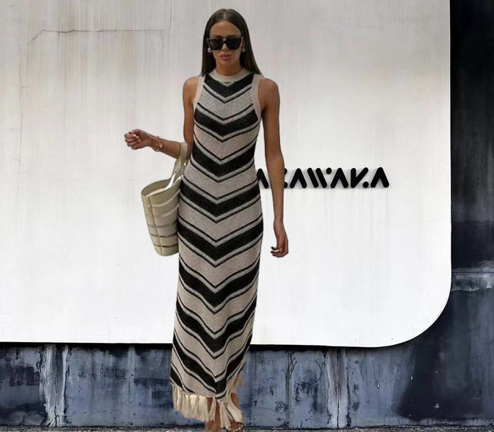 Maxi dress for women with chevron pattern and fringed details Lune London