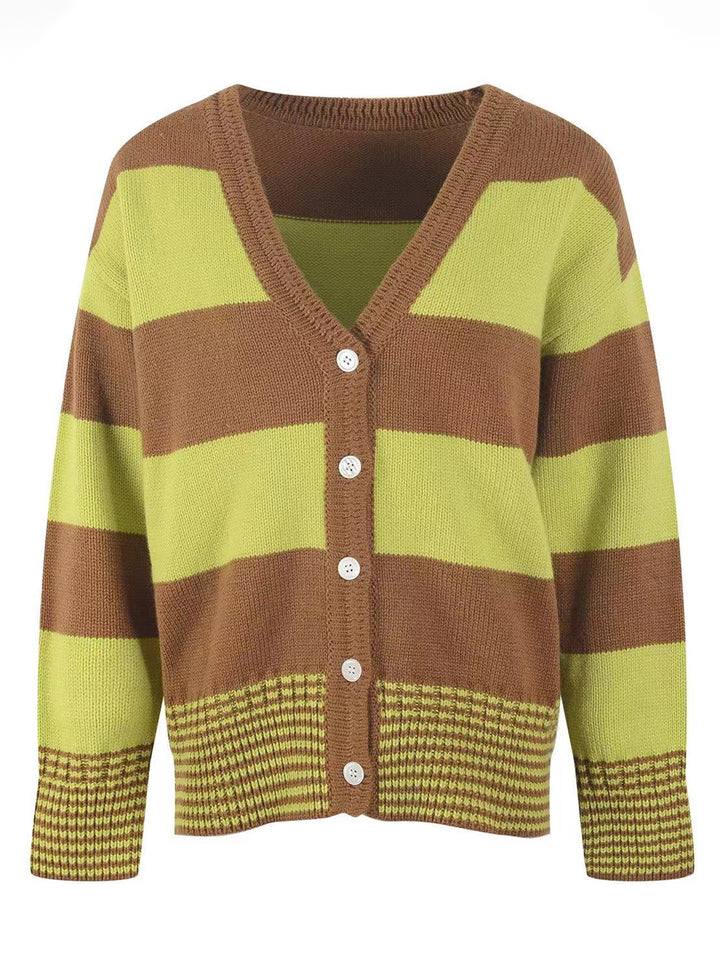 Knitted jacket for women with a striking striped pattern and large buttons Lune London