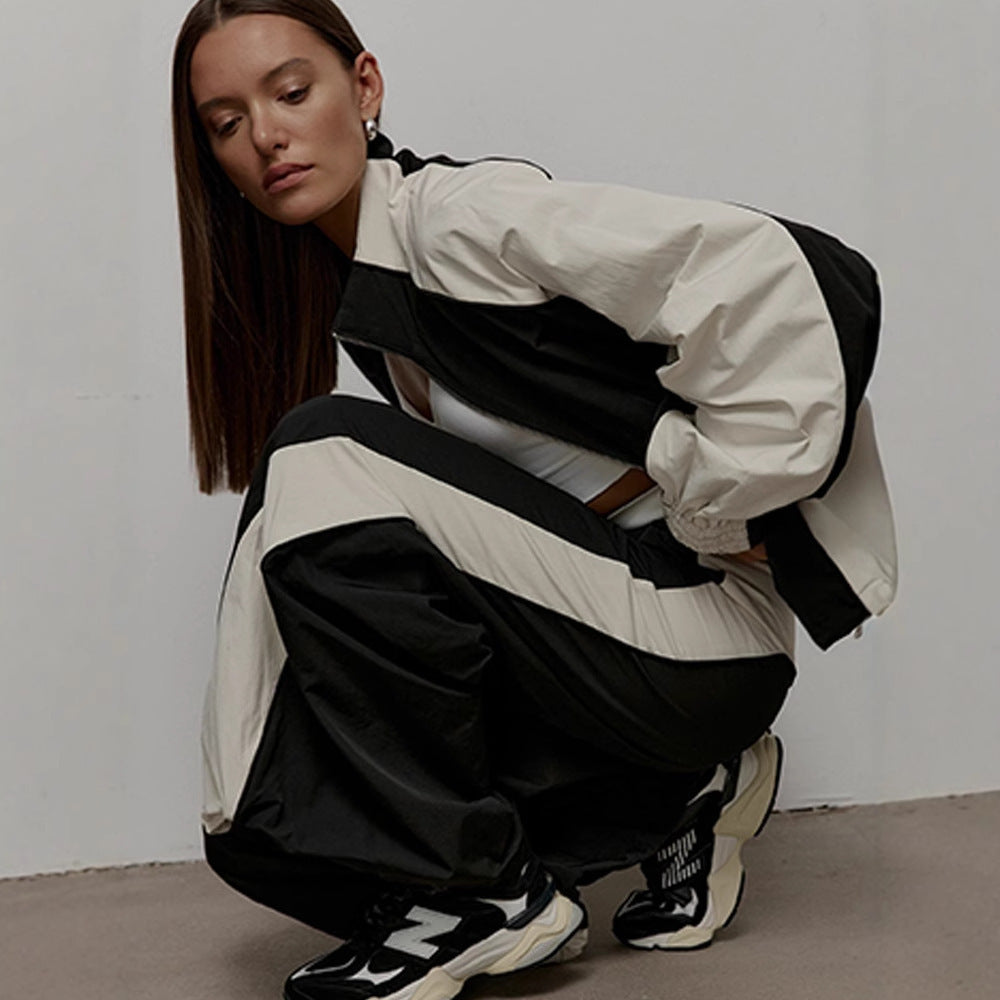 Women's Modern Sports Jacket with High Collar and Contrasting Sleeve Panels