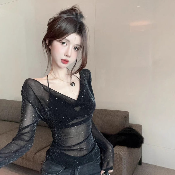 Women's sparkling long-sleeve top with deep V-neck and transparent details Lune London