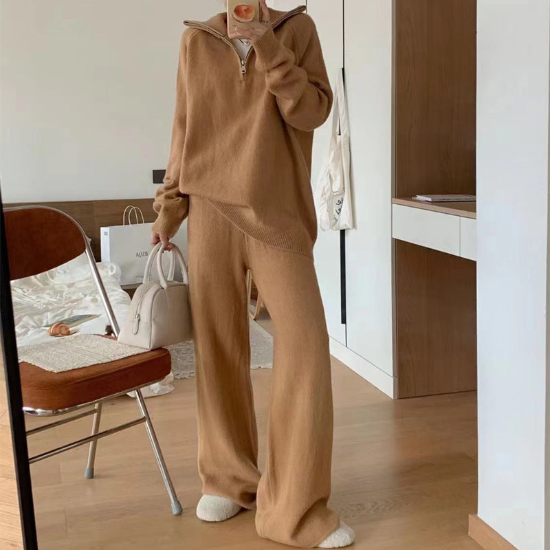 Comfortable knit set for women with half-zip and wide leg Lune London