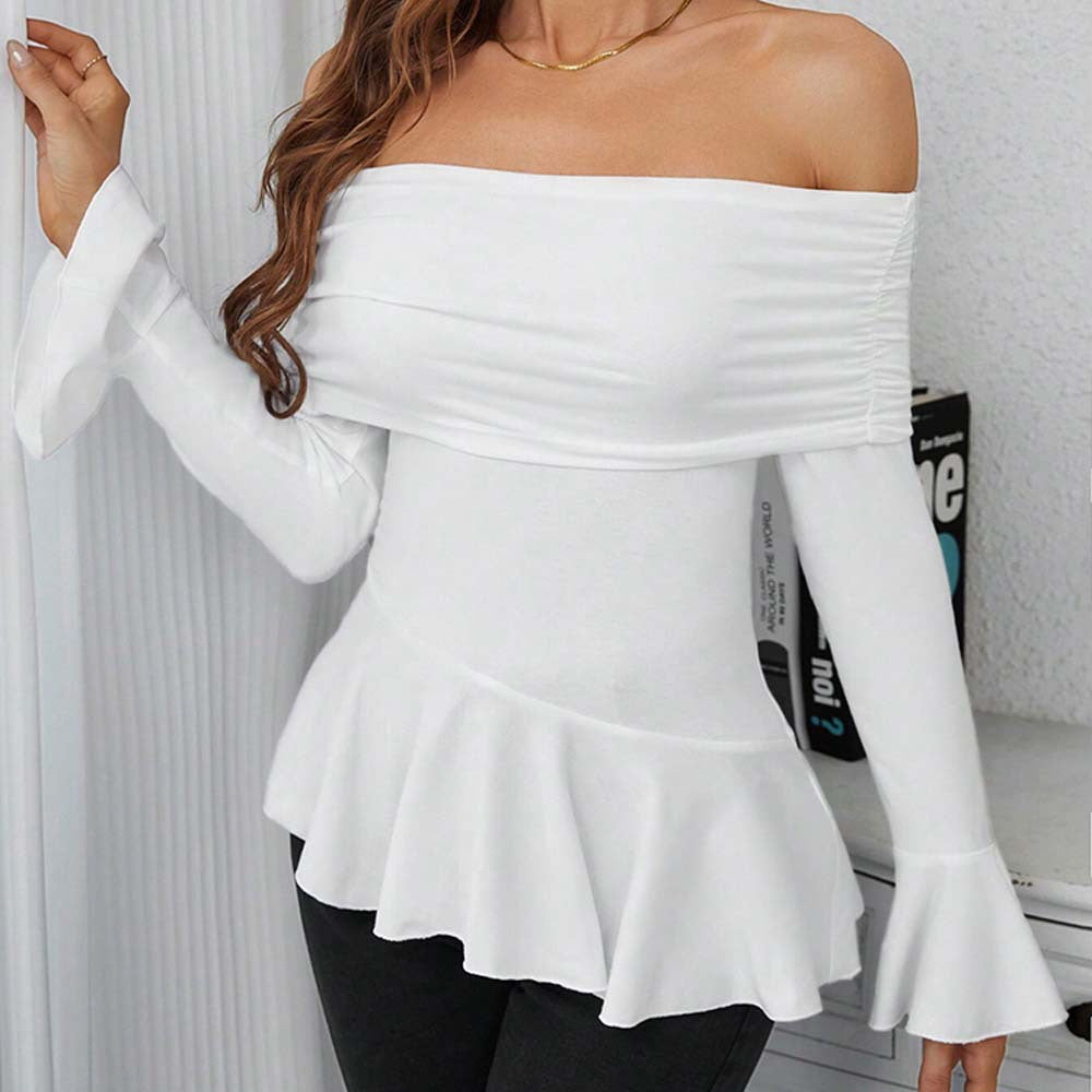 Haut Femmes Bretelles Dégagées avec Volants Stylés et Manches Longues Chic & Stil