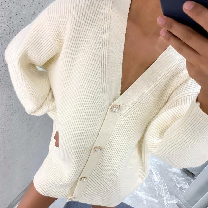 Chunky knit cardigan for women with elegant pearl buttons Lune London