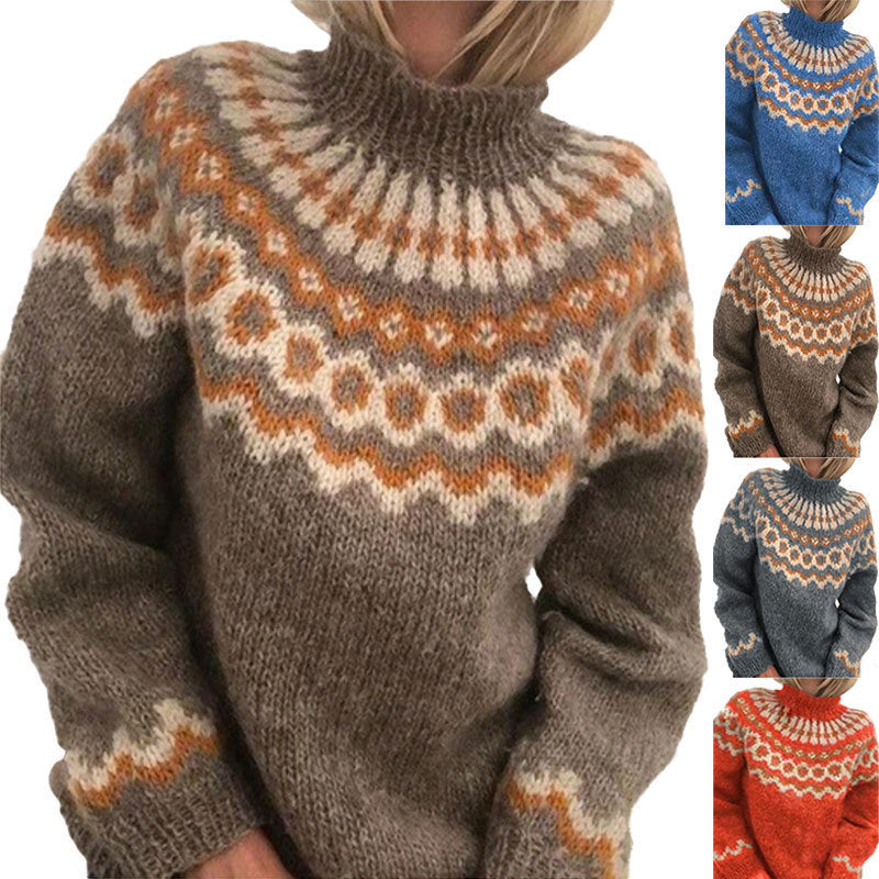Women's cozy knit sweater with high collar and Norwegian pattern Lune London