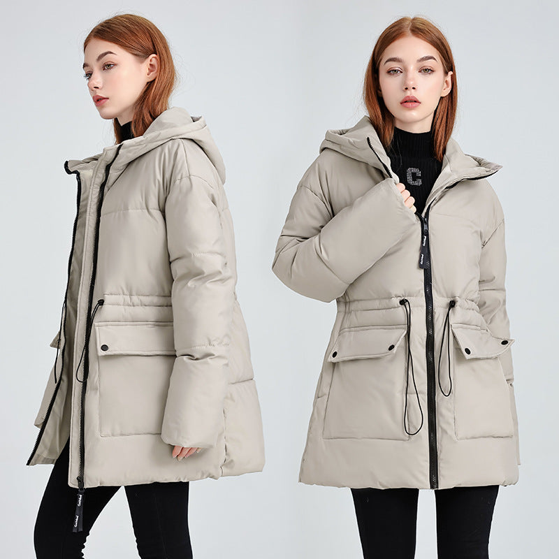 Insulated parka jacket for women with adjustable waist drawstring and practical pockets Lune London