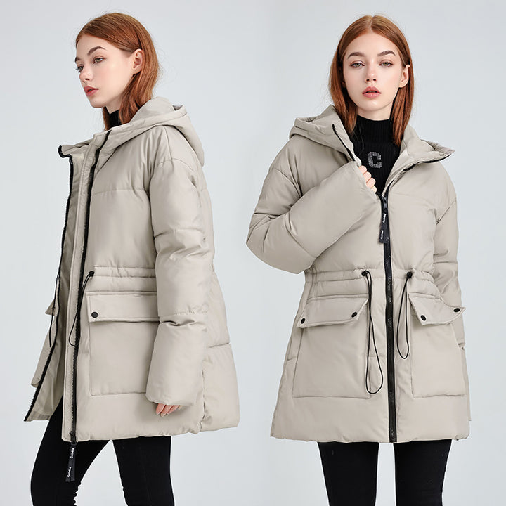 Insulated parka jacket for women with adjustable waist drawstring and practical pockets Lune London