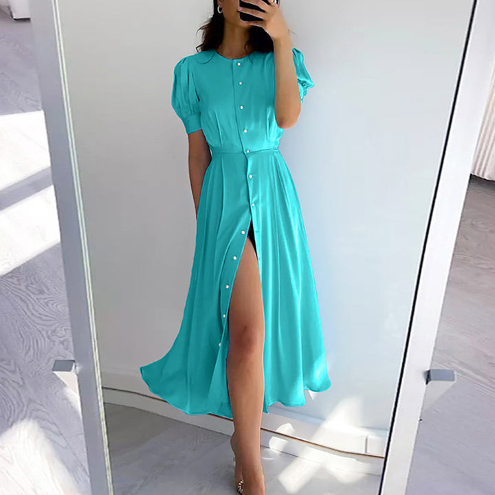 Maxi dress for women with button closure, puff sleeves and side slit Lune London