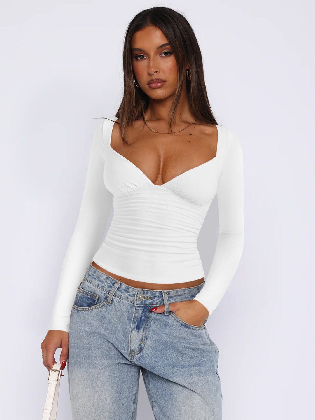 Women's Fitted Long-Sleeve Top with V-Neck and Ruching Lune London