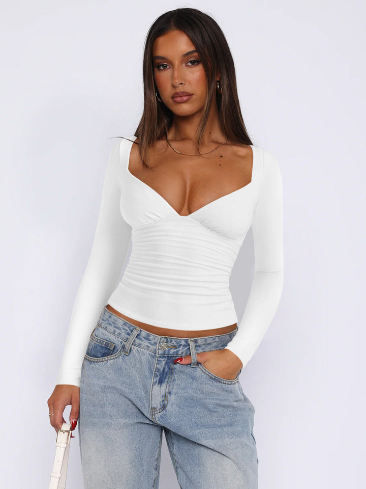 Women's Fitted Long-Sleeve Top with V-Neck and Ruching Lune London