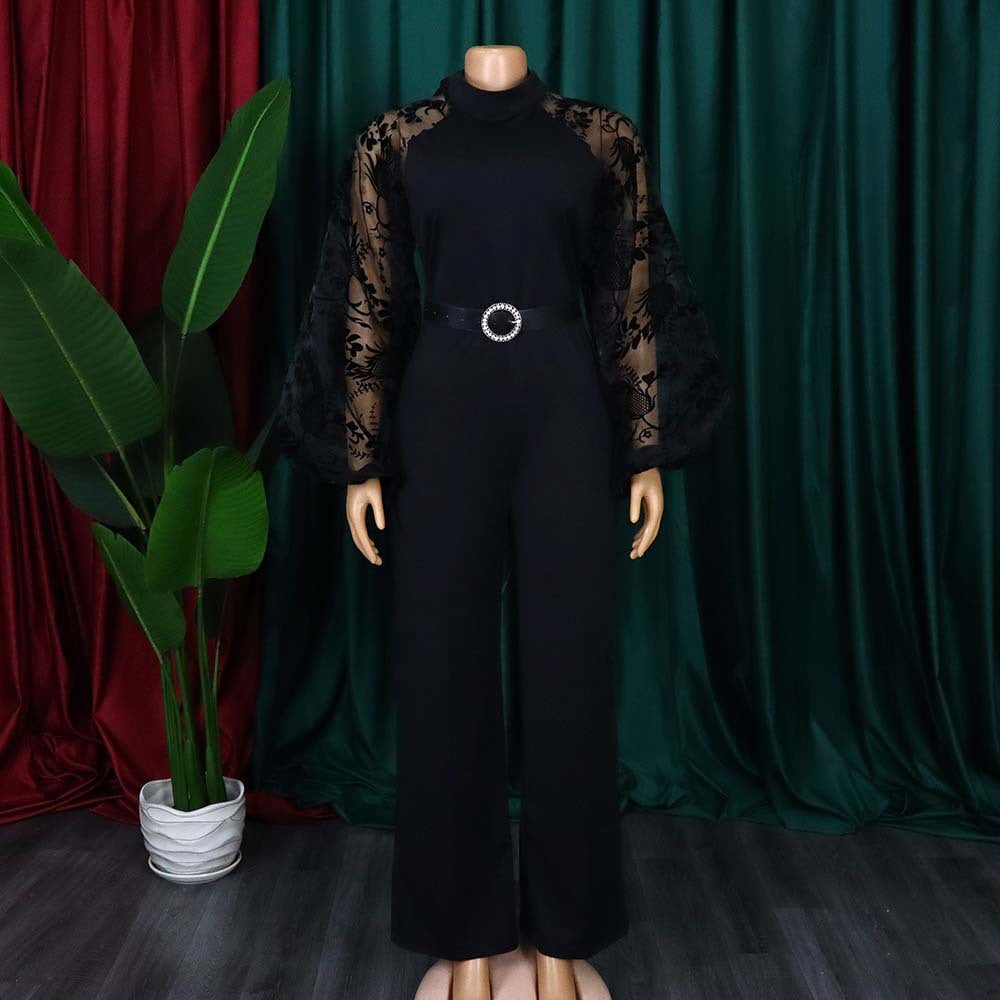 Ladies Elegant Jumpsuit with Sheer Sleeves and a Fitted Belt Lune London