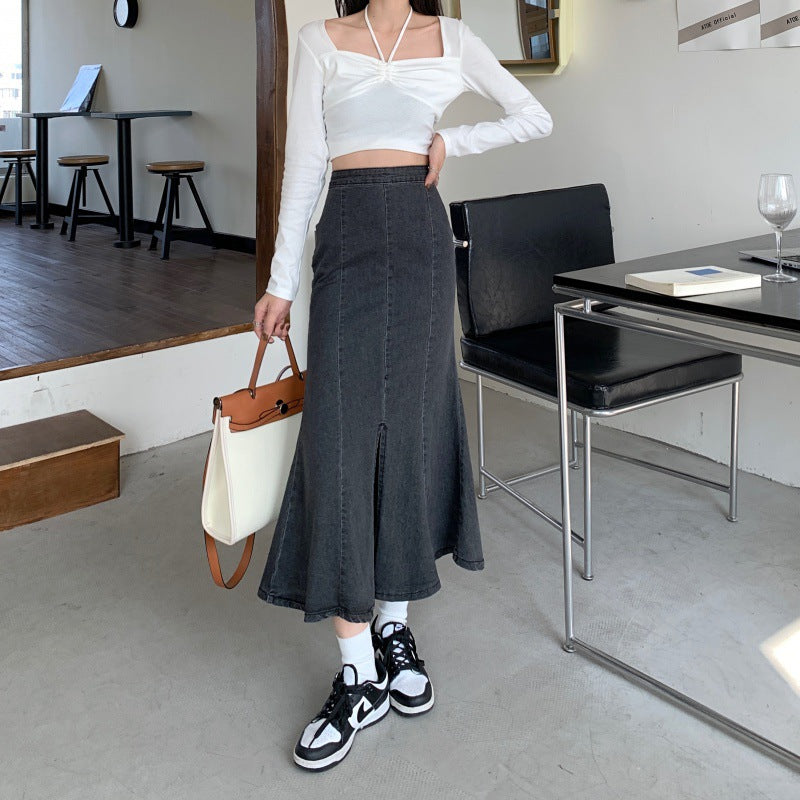 Jupe en denim évasée pour femmes avec fente haute Chic & Stil