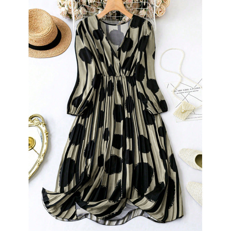 Maxi dress for women with striped polka dot design and puff sleeves Lune London