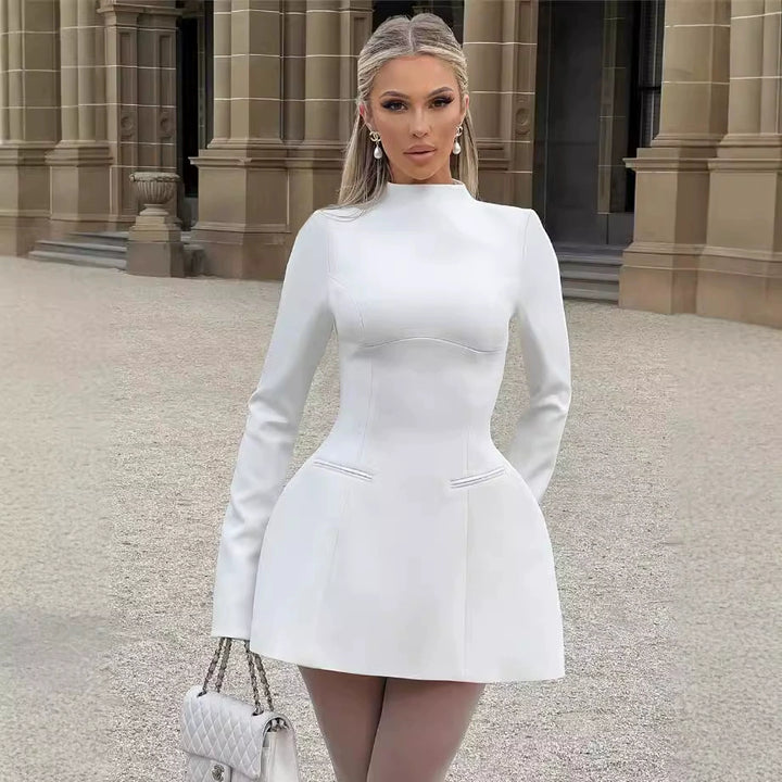 Women Elegant Mini Dress with High Neck and Flared Hem Lune London