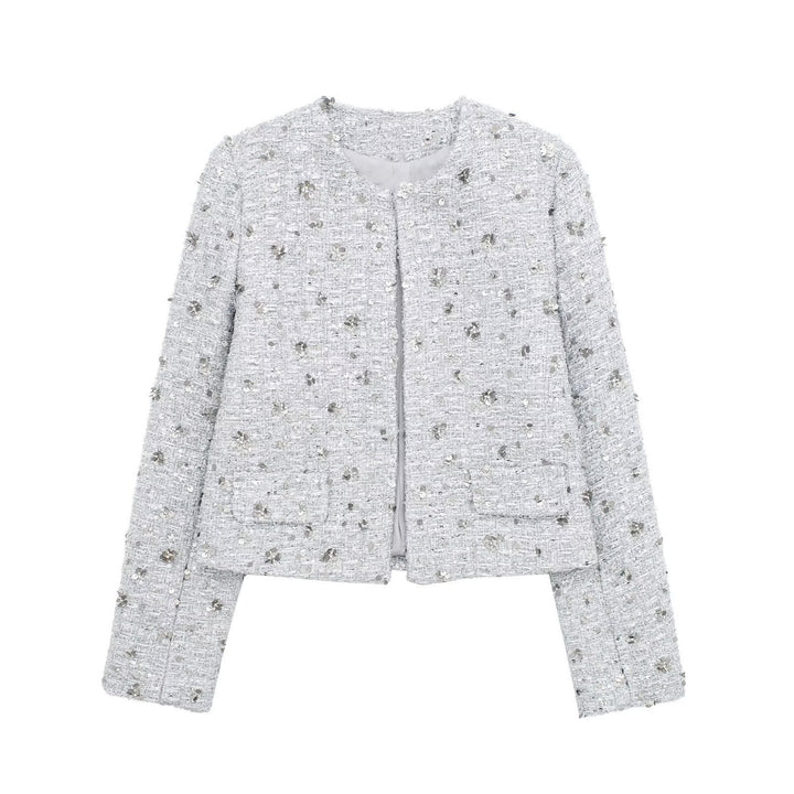 Lune London elegant tweed jacket for women with sparkling sequins and a textured design