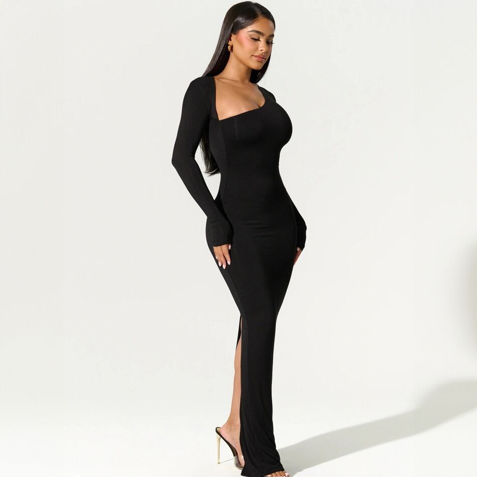 Elegant wrap maxi dress for women with asymmetric neckline Lune London