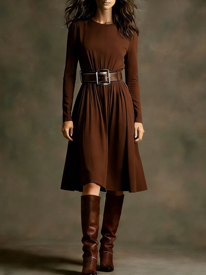 Women Elegant Dress with Long Sleeve and Waist Belt Chic & Stil