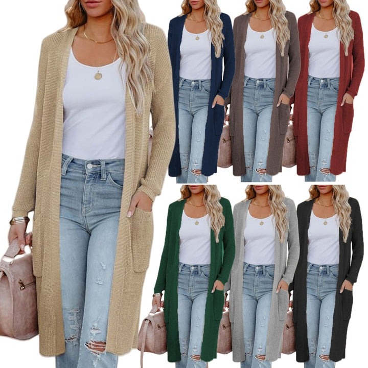 Ladies Long knitted cardigan with an elegant open design and practical pockets Lune London