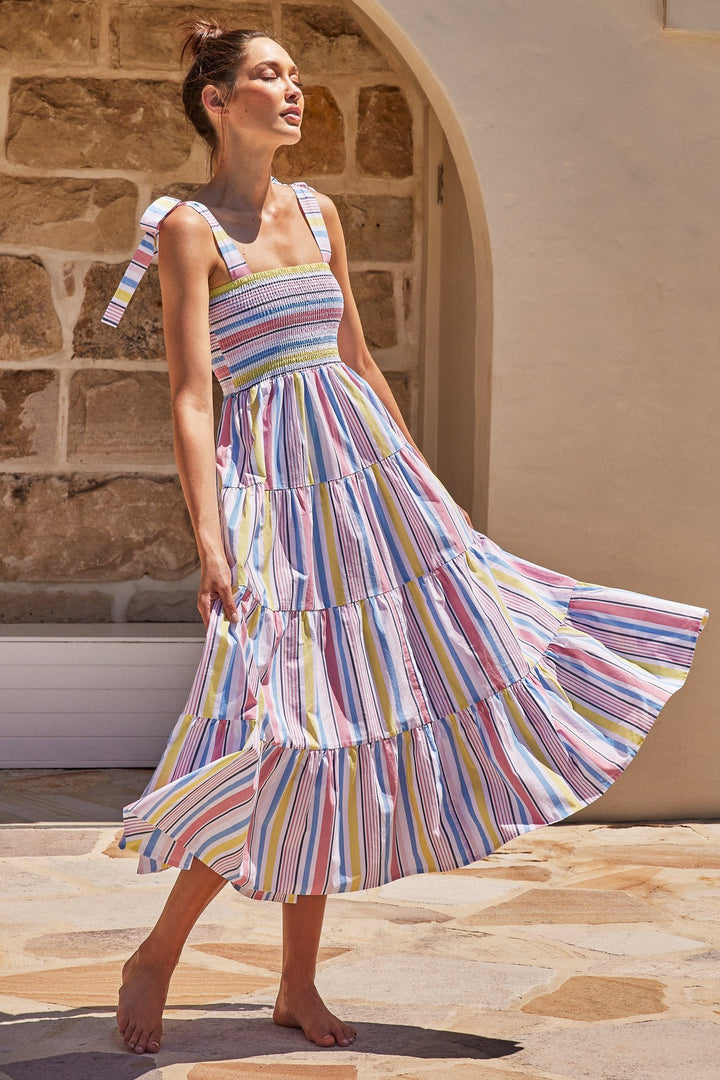 Chic & Stil Women's Airy Maxi Dress with Elastic Top and Striped Ruffles