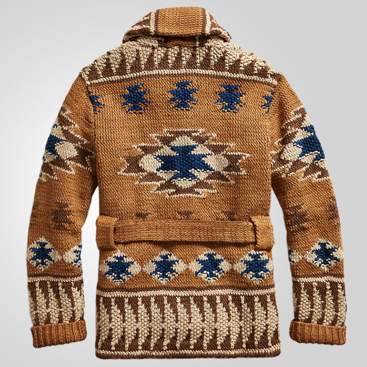 Knit jacket for women with an impressive geometric pattern and an integrated belt Lune London