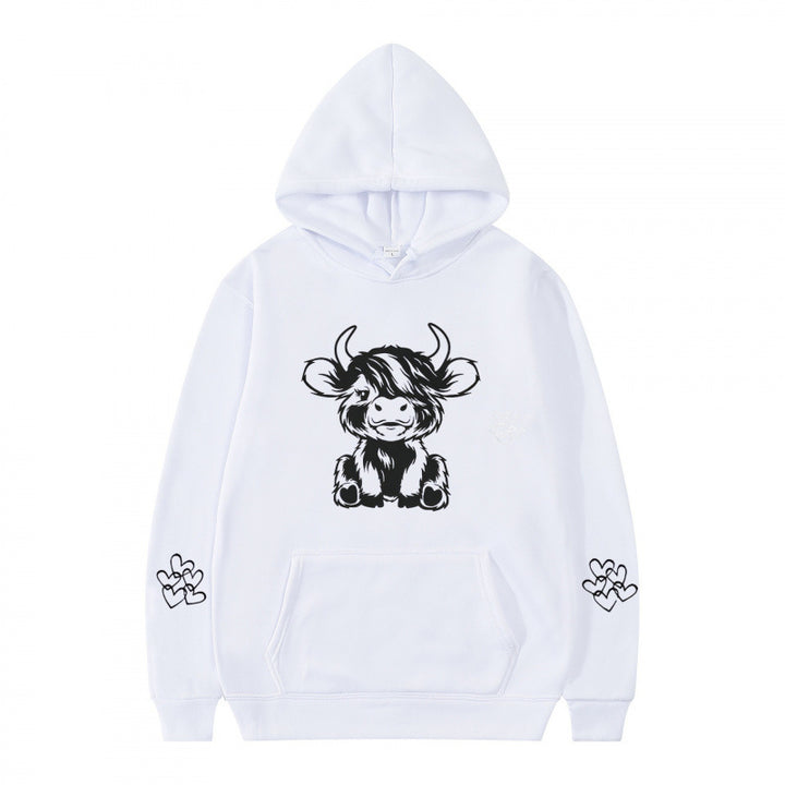 Women's hooded sweatshirt with charming cow motif and practical kangaroo pockets Lune London