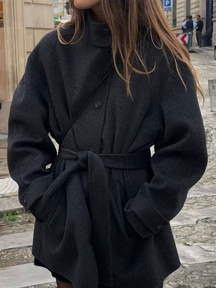 Modern wool jacket for women with adjustable belt and high collar Lune London