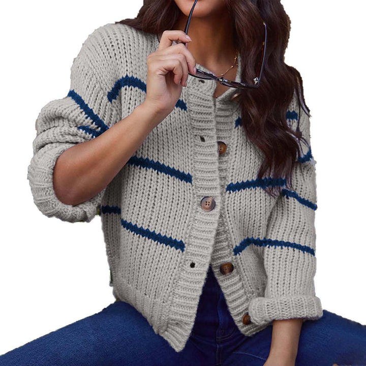 Knitted jacket for women with casual stripes and practical buttons Lune London